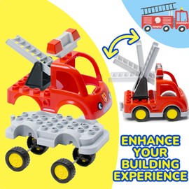Mirthben 4-Piece Vehicle Building Blocks Set, Large Building Blocks Accessories with Fire Engine, Police Car, School Bus & Motorcycle, Compatible with Duplo Bricks, Large Building Blocks Toy for