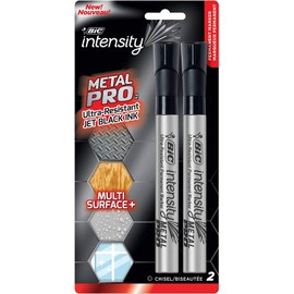 6 x Bic Metal Barrel Permanent Markers | Jet Black Water & Fade Resistant Ink, Bold Chisel Tip | Marks: Paper, Plastic, Wood, Fabric, Glass, Ceramic, Leather, Greasy, Damp Surfaces etc