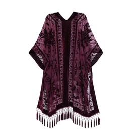WeHello Women's Burnout Velvet Kimono Long Cardigan Cover Up with Tassel (Burgundy)