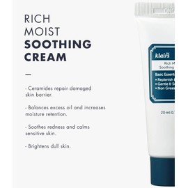 DearKlairs Rich Moist Soothing Cream 20ml, For Sensitive Skin, Hypoallergenic, Centella Asiatica, Ceremide, Moisturizer, full hydration, Protective layer with Beta Glucan, Non-sticky texture, K-beauty