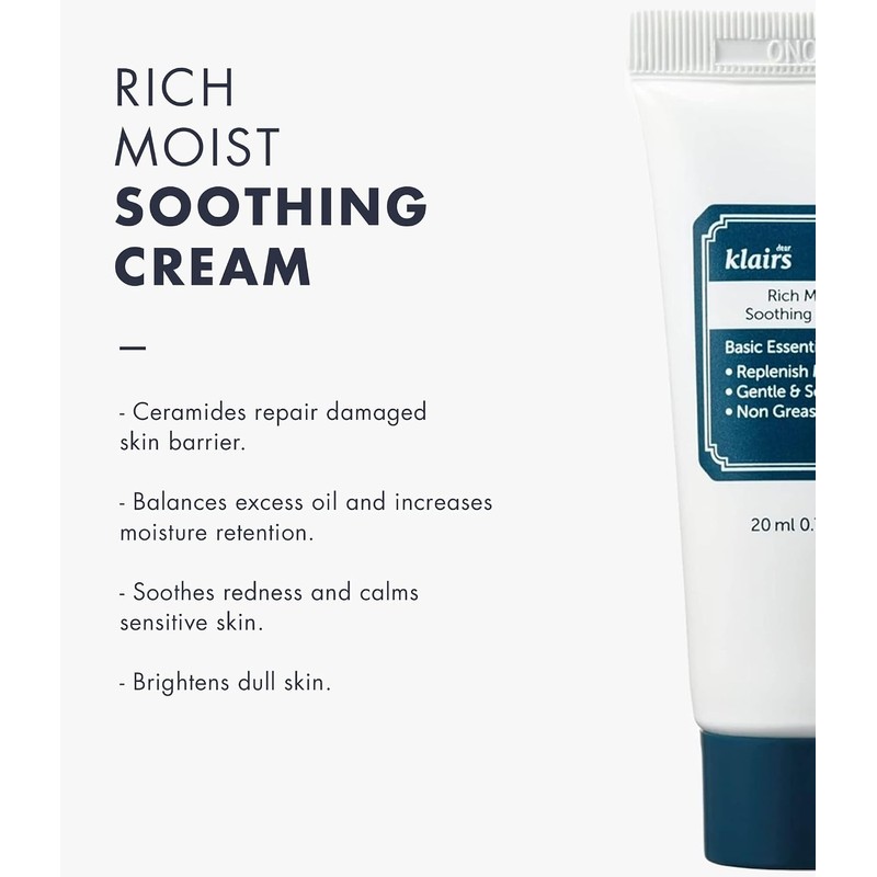 DearKlairs Rich Moist Soothing Cream 20ml, For Sensitive Skin, Hypoallergenic,