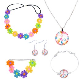 Mudoulu 5 Piece Hippie Women's Accessories Set with Peace Sign Earrings, 2 Bracelets and Flowers Headband for Hippie Costume, 70s Party Festival