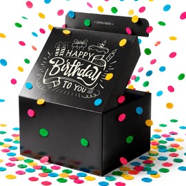 FETTIPOP Caja de Regalo Diy (Black Premium), Caja de Papel de Regalo con Confeti Explotando - Feliz Cumpleaños, Caja de Broma Sorpresa Emergente 7.2X5.5X4.3 In. 1 Unidad (Paquete de 1) Negro Premium
