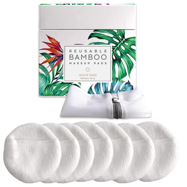 Luxury Bamboo Reusable Makeup Remover Pads, NYC, USA Brand (14 Pack), Four Layer Face Pads with Pocket - White and Grey Reusable Bamboo Face Pads - Eco-Conscious Makeup Remover Pads - Includes Mesh Washing Bag (White)