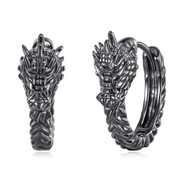 VONALA Dragon Earrings for Men Women Hypoallergenic S925 Sterling Silver Punk Rock Black Hoop Earrings Huggie Jewelry
