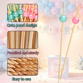100 Pcs Gender Reveal Cocktail Picks, 4.7 Inch Pink and Blue Pearl Bamboo Toothpicks, Boy or Girl Theme Food Skewers Sticks for Appetizers Fruit Charcuterie, Dessert Gender Reveal Party Decorations
