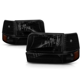 Factory Style Headlights Assembly+Bumper Lamps Compatible with 92-96 Ford F150 F250 F350 Bronco Amber Corner