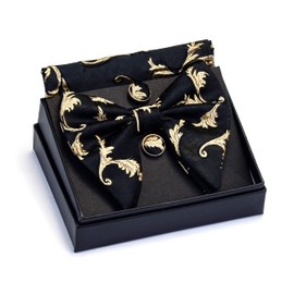 Gusleson Flora Light Yellow Bow Tie and Pocket Square Cufflink Set Champagne Bow Ties for Men Big Bowtie Black (UK0617-05)