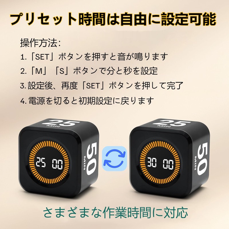 Pomodoro Timer, 5/10/25/50 Minutes, Presets, Visual Cube Timer, Equipped with