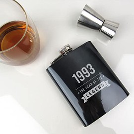 eBuyGB Engraved Black Stainless Steel Hip Flask -1993 Year of The Legend Design - 30th Birthday Gifts for Him, Men - Gift for Son, Brother, Cousin, Friend - 7oz Drinks Canteen