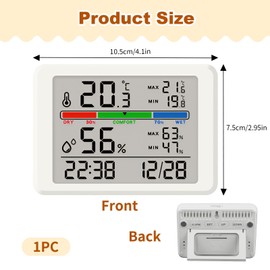 Digital Temperature Thermometer Indoor Hygrometer LCD Display Temperature Gauge Sensor Room Humidity Meter Monitor with Alarm Clock, Max/Min Records, Backlit, Date for Home Greenhouse White
