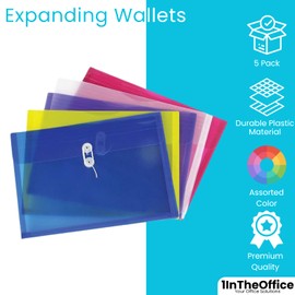 1InTheOffice Poly Envelopes Button & String Closure, Expanding Wallet, Legal Size, Assorted Colors, 5/Pack