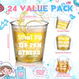 Nuogo 24 Pack Nurses Week Gifts Bulk 2025 Include 2.87oz Disposable Shot Glasses, Keychain and Organza Bag Appreciation Gifts for Graduation Practitioner Student Assistant(50ml Po Tid Prn Stress)