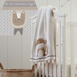 Levtex Baby - Kenya Plush Blanket - Embroidered Monkey - Grey and Taupe - Nursery Accessories - Blanket Size: 30 x 40 in.