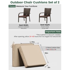 Kimunuk Outdoor Chair Cushion 17 x 16 x 3 Inches Patio Furniture Outdoor Waterproof Seat Cushion, Patio Chair Cushion with Handles and Ties, Square Dining Chair Cushion Set of 2, Sand