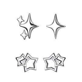 LEEQBCR 2 Pairs Ladies Girls Anti-Allergy Asymmetric Star Earrings, Small Earrings, 925 Silver, Gifts for Women Girlfriend Mum Girl (Silver)