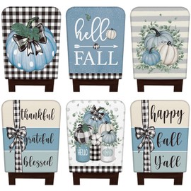 Windkream 6 Pcs Fall Chair Covers Set Autumn Chair Back Cover Thanksgiving Dining Chair Slipcovers Buffalo Plaid Removable Chair Seat Protector for Kitchen Dining Hotel Wedding (Blue Pumpkin)