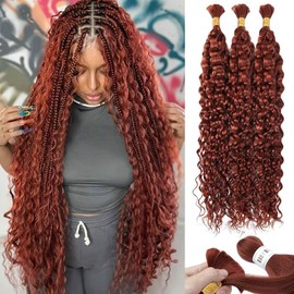 Dark Ginger Human Braiding Hair Water Wave Bulk Human Hair 150g 22 Inch Color 350 Curly Human Hair for Boho Braids Hair Extensions No Weft 3 Braids Per Pack Wet and Wavy Human Hair Braiding Hair