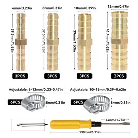 ZHIYUQL® Pack of 12 Brass Hose Connectors 6/8/10/12 mm Petrol Hose Connector with 12 Hose Clamps and Screwdriver for Air, Water, Gas, Oil