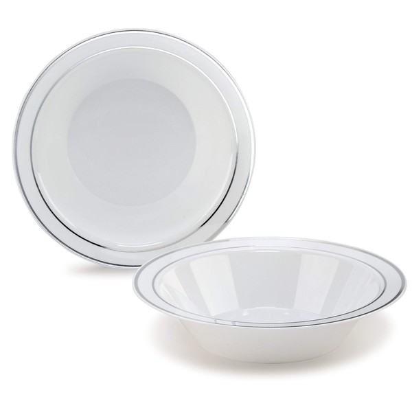 OCCASIONS 120 Bowls Pack, Heavyweight Disposable Wedding Party Plastic Bowls (14oz Soup Bowl, White & Silver Rim)