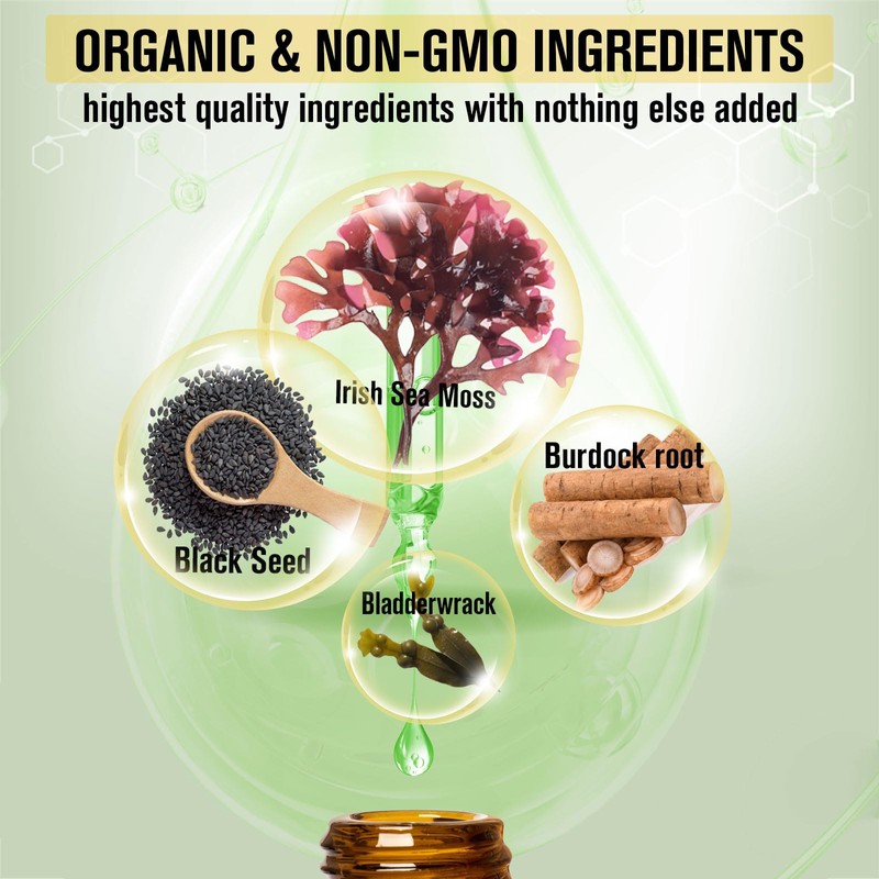 Irish Sea Moss Drops Black Seeds Oil, Bladderwrack, Burdock Root,