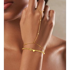 Wowshow Ring Bracelet Hand Chain Initial Gold Bracelets for Women with J Letter Charm Heart Stretch Jewelry Gifts for Birthday Mom Valentines