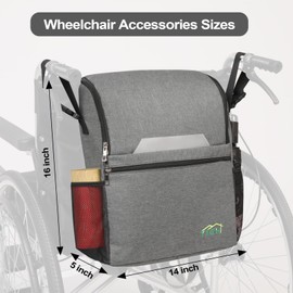 YJGH Wheelchair Bags accessories, Wheelchair Backpack with Cup Holder & Reflective Strips, Adjustable Strap Large Storage Bag for Electric Wheelchairs & Walkers Rollators (Grey)