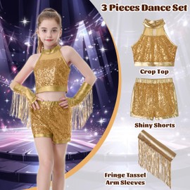 LOLANTA Girls’ Sequin Dance Outfit – Sleeveless Crop Sequin Top Metallic Shorts Tassel Arm Sleeves (Gold, 8-9 Years)