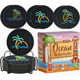 Tiki Bar Ocean Beach Coasters Set of 6 with Holder, Tiki Bar Decor Silicone Nautical Coasters, Hawaiian and Luau Decorations, Beach Theme Decor
