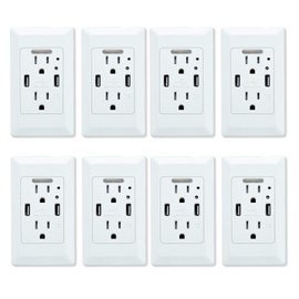 KCMYTONER USB Charger Wall Outlet with Nightlight,USB Outlet 2 USB Charging Ports 4.2A and 2 Electrical AC Outlets, 15A Tamper Resistant Outlet,White with Wall Plate,Auto LED Nightlight 8Pack