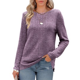 Odosalii Women's Long Sleeve Tops Lightweight Soft Tunics Tops Spring Casual Round Neck Pullover Ribbed Side Split Knit Sweatshirt Stretchy Sweaters Tops Purple