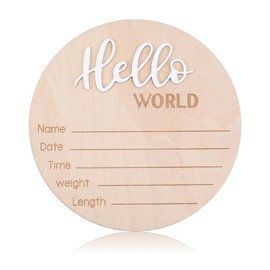 CRASPIRE Baby Announcement Sign Flat Round Hello World Welcome Newborn Sign Wooden Baby Photo Props Birth Announcement Sign Name Plaques for Boys Photo Prop Baby Shower Nursery Hospital