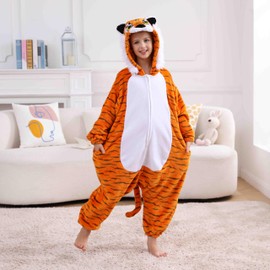 SimZoo Kids Animal Pajamas, Boy Girls Tiger Cosplay Costume Sleepwear, One-Piece Unisex Homewear 8-9Y