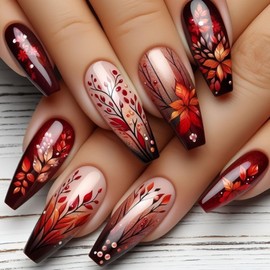 Fall Coffin Press on Nails Medium Fake Nails with Leaves Designs Autumn Nails Press ons Glossy Glue on Nails Brown Orange False Nails Artificial Stick on Nails for Women 24Pcs