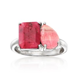 Ross-Simons Pink Rhodochrosite and 3.20 Carat Ruby Toi Et Moi Ring in Sterling Silver. Size 5