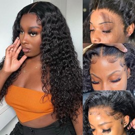 Deep Wave Lace Front Wigs Human Hair Wigs for Women 13x4 180% Density HD Lace Frontal Wig Curly Glueless Wigs Human Hair Pre Plucked with Baby Hair Perruque Femme Humain Naturel 26 Inches Natural Black