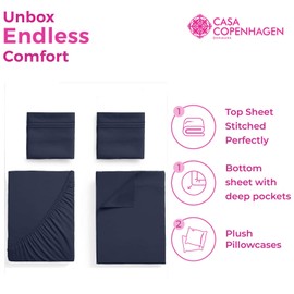 CASA COPENHAGEN® Luxuria 4Pcs Queen Sheet Set- Designed in Denmark, 100% AirCool Cotton Bed Sheets, Includes 1 Flat Sheet, 1 Deep Pocket Fitted Sheet & 2 Pillowcase Set of 4- Navy Blue