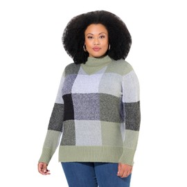 Ulla Popken Women's Plaid Print Stand Collar Long Sleeve Pullover, sage green
