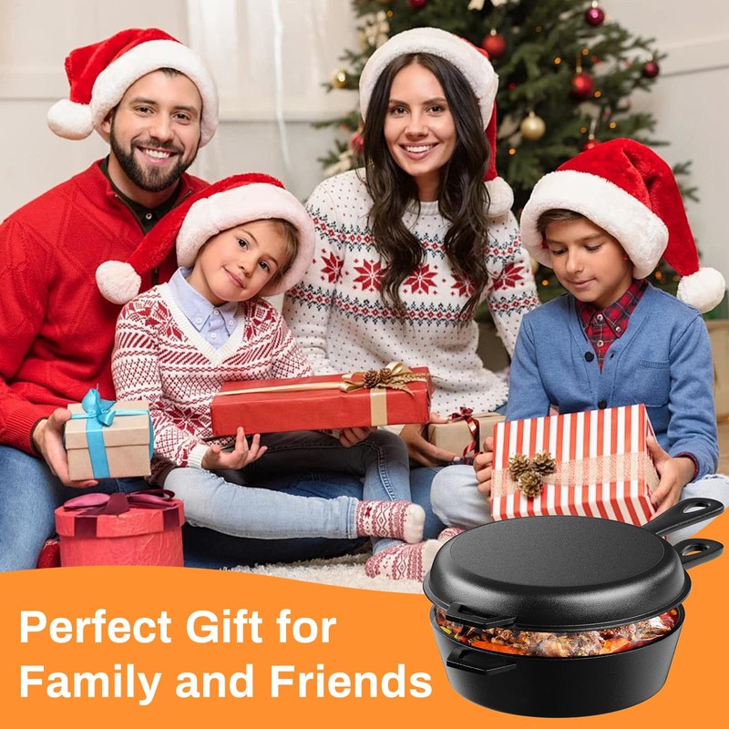 LIFERUN Cast Iron Skillet with Lid - 2-in-1 Multi-Cooker: Deep