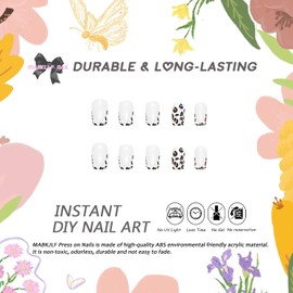 Press on Medium Square MABKJLF French Tip Fake Nails Glitter White Full Cover False Nails with Leopard Print Designs Glossy False Nails with Nail Glue Artificial Nails for Women Girls 24 Pcs