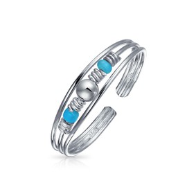Geometric Boho Mid Finger Blue Crystal Bead Ball Split Band Midi Toe Ring For Women Teen Polished .925 Silver Sterling Adjustable Customizable