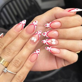 Valentine's Day Press on Nails Medium Almond Fake Nails with Red Heart Bow Designs White French Tip Nails Press ons Glossy Glue on Nails Cute False Nails Nude Stick on Nails for Women 24Pcs