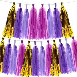 Hocansen 20 PCS Tassel Garland Party Decor 13in Tissue Paper Tassels Paper Tassels Banner Party Decorations for Wedding,Birthday（Gold/Rose/Light Purple/Purple）
