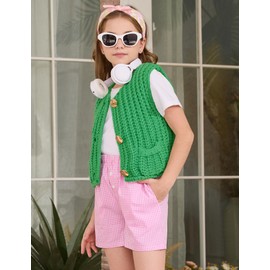 Flygo Girls Sweater Vest Chunky Button Down Crochet Knit Cardigan Trendy Sleeveless Sweaters Top with Pockets 5-14 Years(Green-XL)
