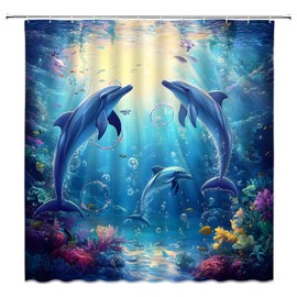 UEAUUN Funny Dolphin Shower Curtain Underwater World Tropical, 70x70 Inch