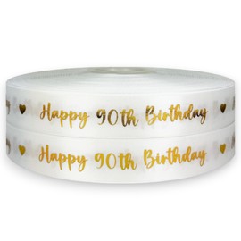 Gold Swirly Foil Print Happy 90th Birthday Ribbon Satin 2m x 25mm for Cakes, Birthday Cakes Gift Wrap Wrapping Ribbon Cards Birthday Decorations Craft