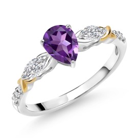 Gem Stone King 925 Silver and 10K Yellow Gold Purple Amethyst and White Lab Grown Diamond Engagement Ring For Women | 0.93 Cttw | Pear Shape 7X5MM | Gemstone February Birthstone | Size 6