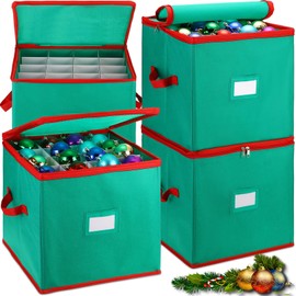 Maxcheck 4 Pcs Christmas Ornament Storage Box 16 Trays for 256 Holiday Ornaments in Total 3 Inch Ornament Organizer Storage Container with Adjustable Dividers Dual Zipper Closure (Green)