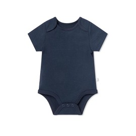 MORI Baby Ribbed Short Sleeve Bodysuit in Ribbed Navy - Bamboo & Organic Cotton - Envelope Neck Unisex Toddler Romper for All Seasons - Newborn