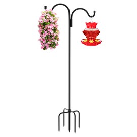 Gtongoko Double Shepherds Hook for Outdoor, 76 Inch Bird Feeder Pole with 5 Prongs Base, 5/8 Inch Thick Heavy Duty Adjustable Garden Hook for Hanging Plant, Lantern, Hummingbird Feeder, 1 Pack